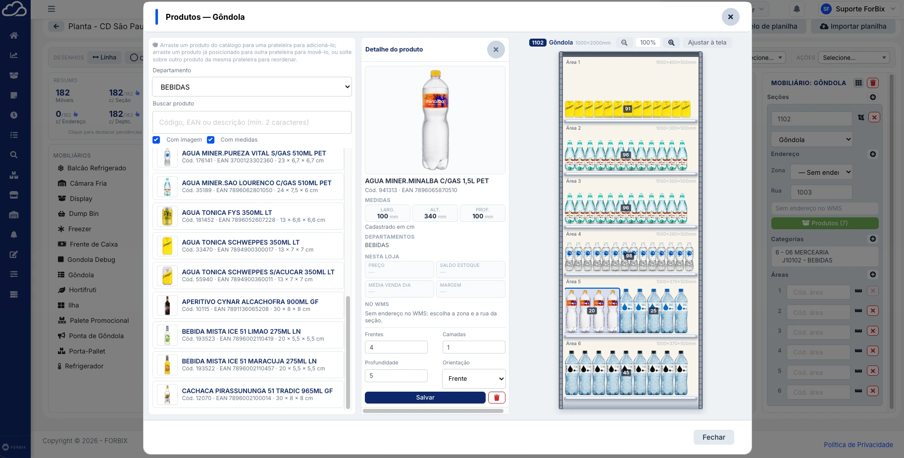 Portal BIX Planograma com catálogo de bebidas, medidas do produto e edição visual de uma gôndola